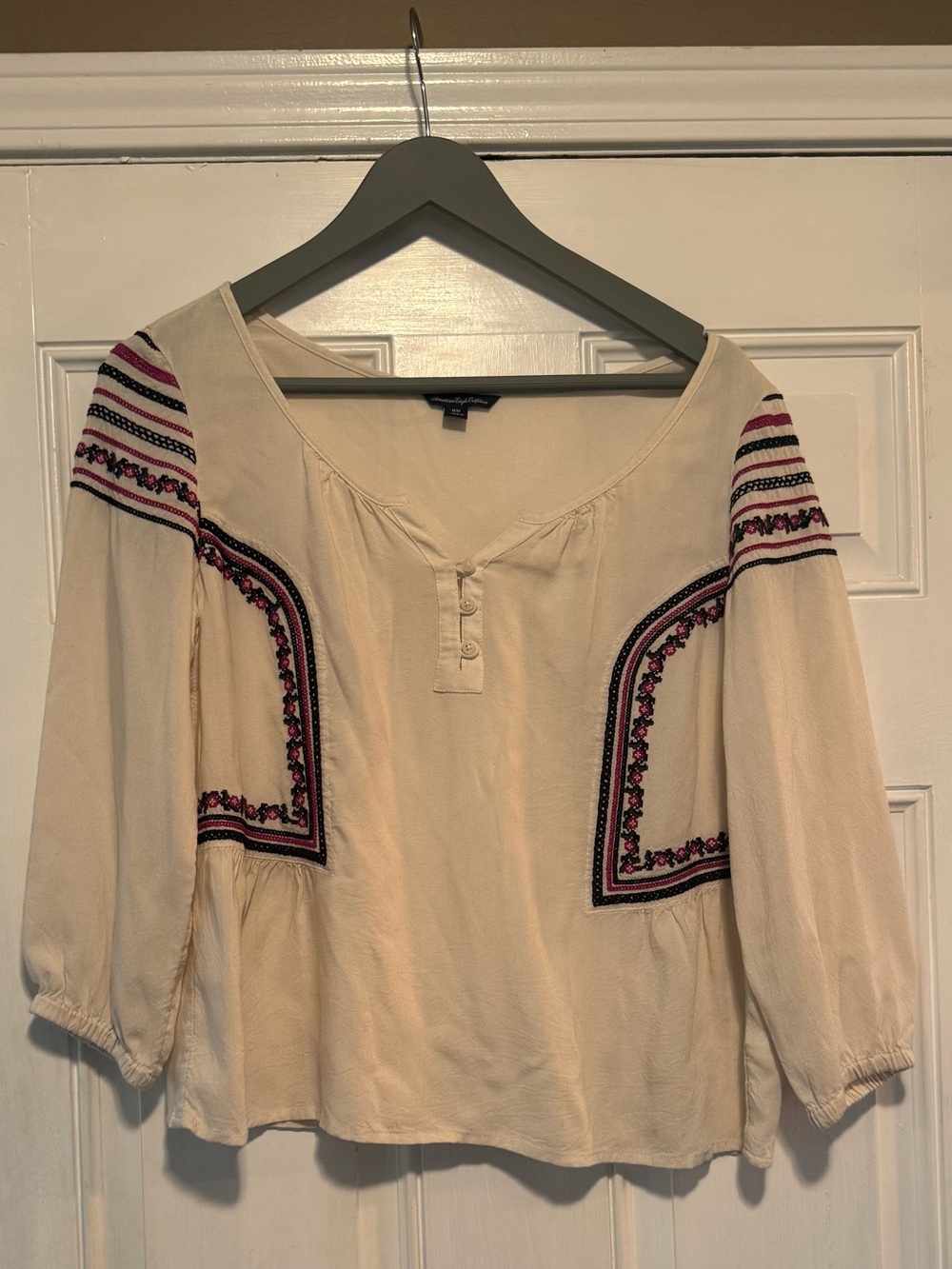 American Eagle Outfitters Cream Peasant Blouse with Pink & Black Embroidery